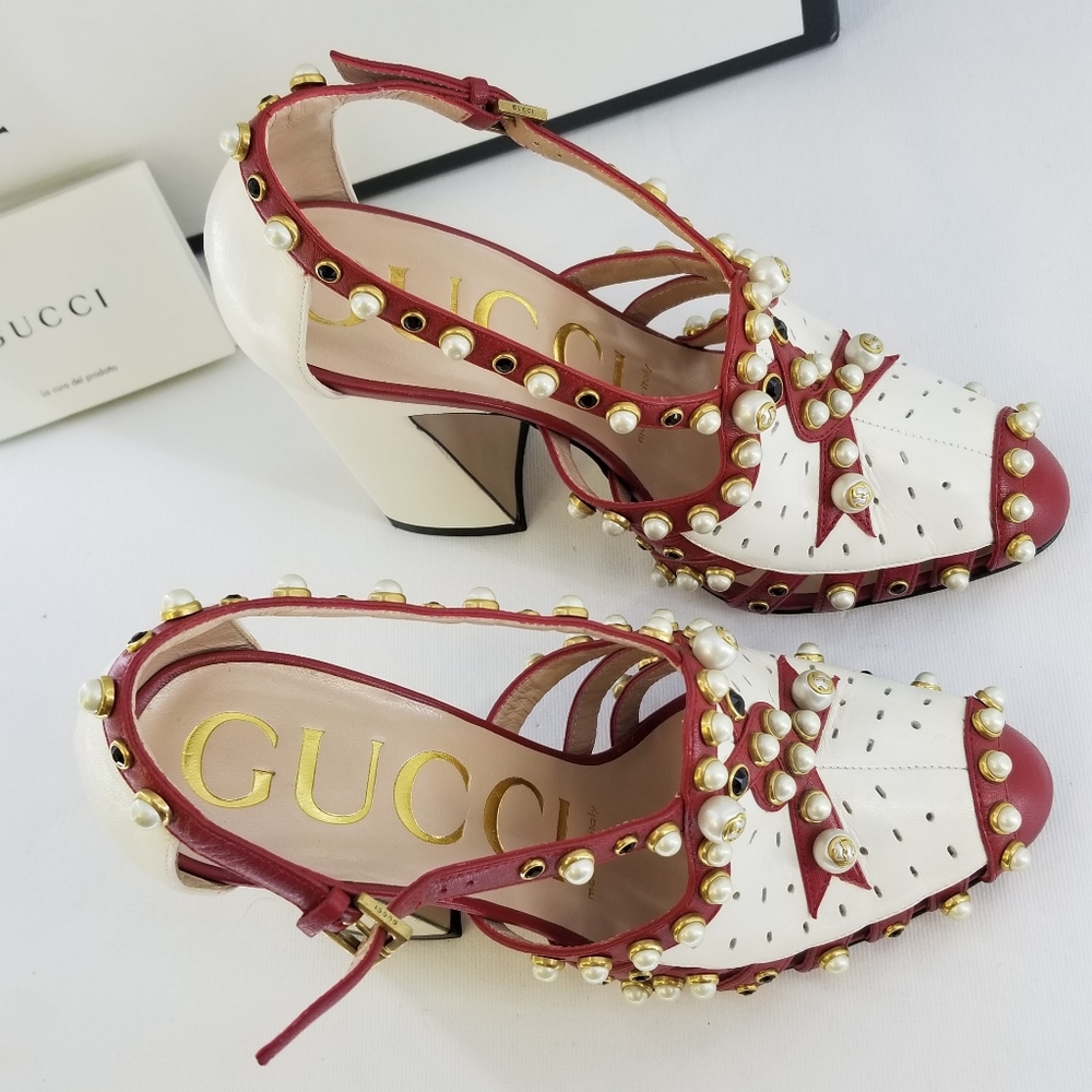 Gucci Tracy Red White Embellished Heels Sz 36 - Picture 3 of 16